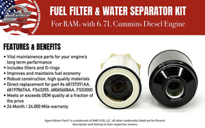 Fuel Filter Water Separator Set - Replaces# 68157291AA, 68197867AA, FS43255, 68065608AA, FS53000 - Fits Ram 6.7L Cummins Diesel