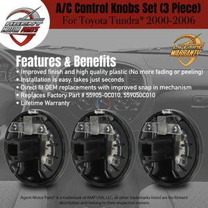 AC Climate Control Knobs - Set of 3 - Replaces# 55905-0C010 - for Toyota Tundra 2000-2006