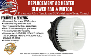AC HVAC Heater Blower Motor - Replaces# 15-81683, 22741027, 20760618, 700164 -Fits Chevy, GMC, Hummer